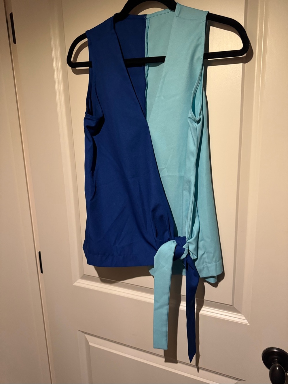 Two-Tone Sleeveless Wrap Blouse in Royal Blue and Light Blue
